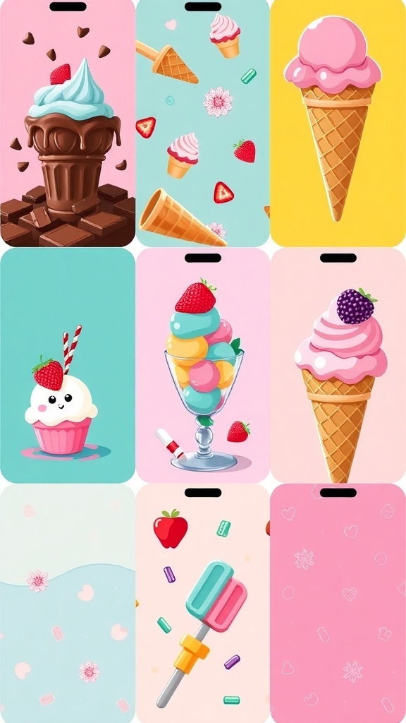 A collection of colorful ice cream wallpapers for iPhone featuring cones, sundaes, and popsicles.